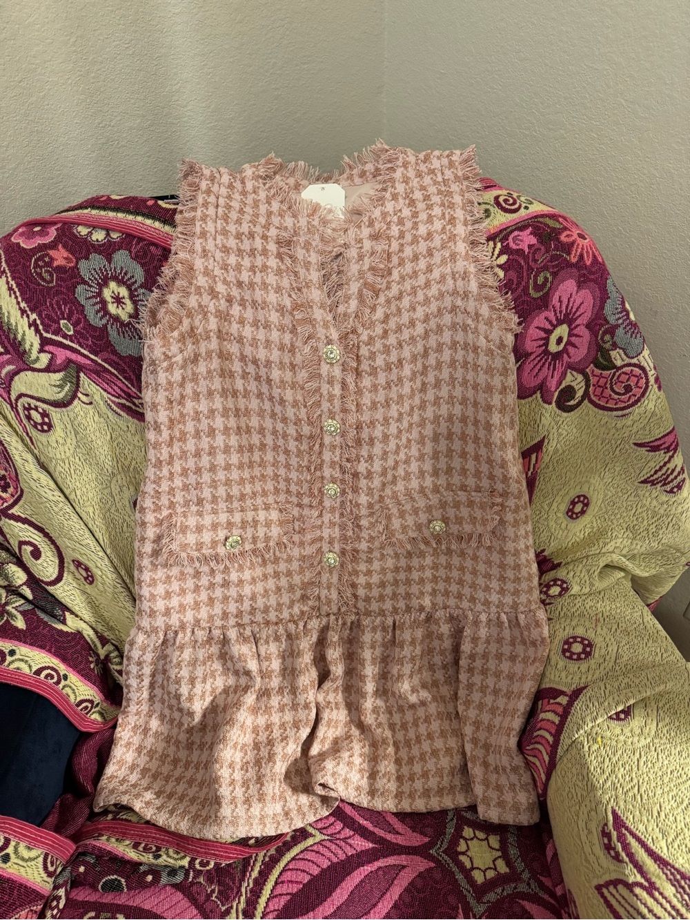 TCEC Pink Tweed Fringe Sleeveless Top
